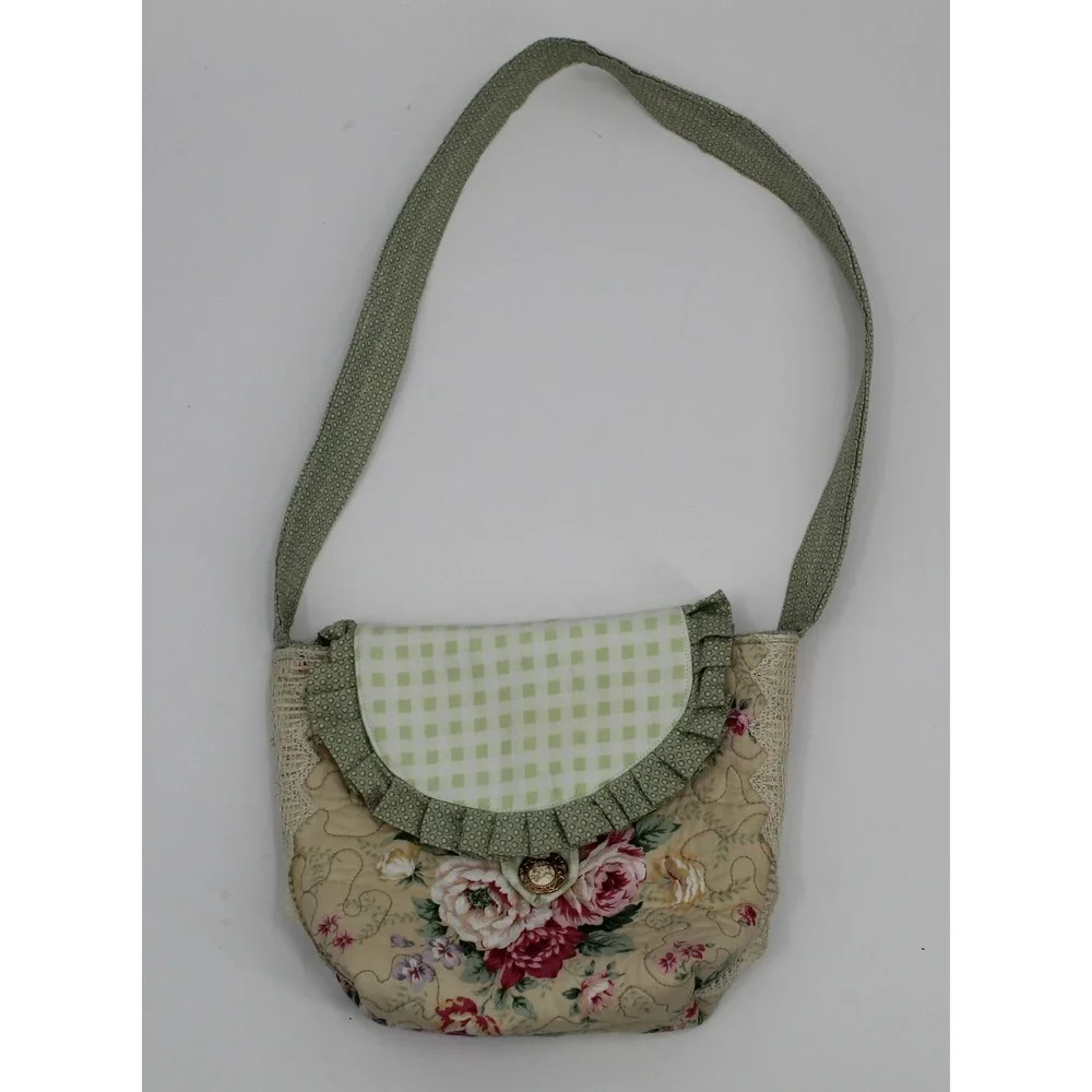 Vintage Handmade Quilted Floral Crossbody Bag Cottagecore Lace Ruffle Gingham